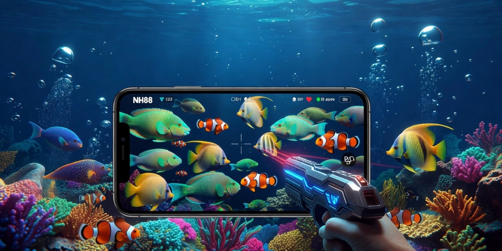 Hình minh họa giao diện bắn cá online trên nền tảng NH88 với đồ họa 3D sống động và các loài cá đa dạng
