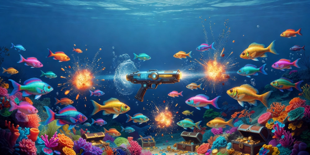 Minh họa giao diện trò chơi bắn cá vàng nh88 với cá vàng lấp lánh và súng bắn