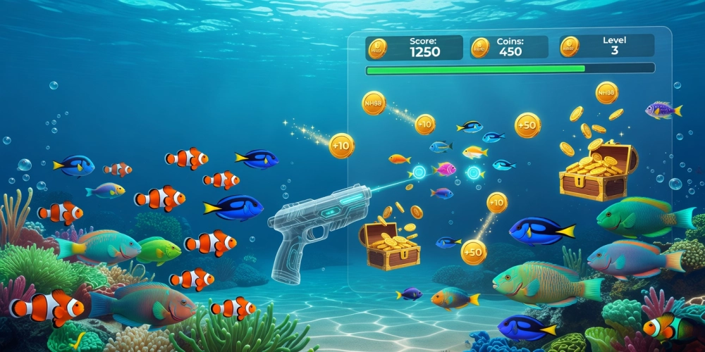 Hình minh họa trò chơi bắn cá xèng nh88 với giao diện sống động và cá đa dạng