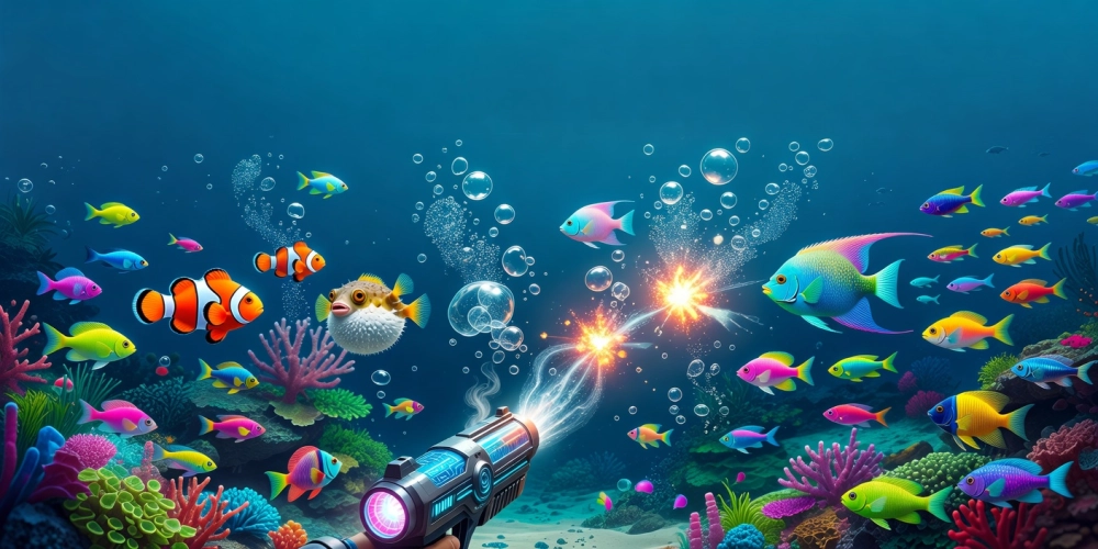 Hình minh họa giao diện game bắn cá zui nh88 với cá sặc sỡ và hiệu ứng sống động