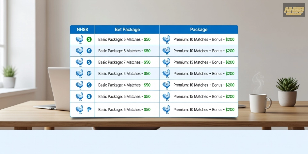 Bảng giá chi tiết các gói cá cược đá gà trên NH88 năm 2025 với ưu đãi hấp dẫn