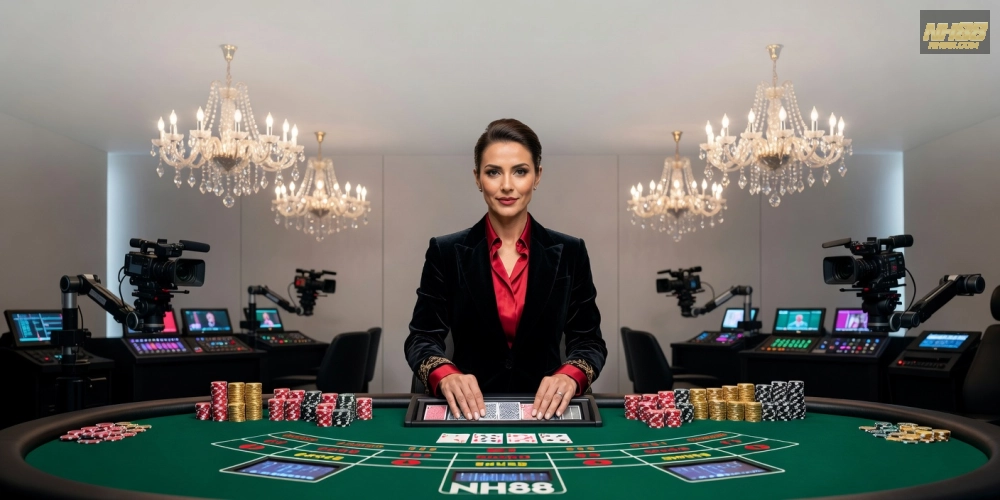 Minh họa khái niệm baccarat live casino nh88 với dealer chuyên nghiệp và bàn chơi hiện đại