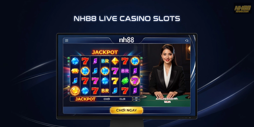 Minh họa giao diện live casino slot games nh88 với các trò chơi hấp dẫn và người chia bài thực tế