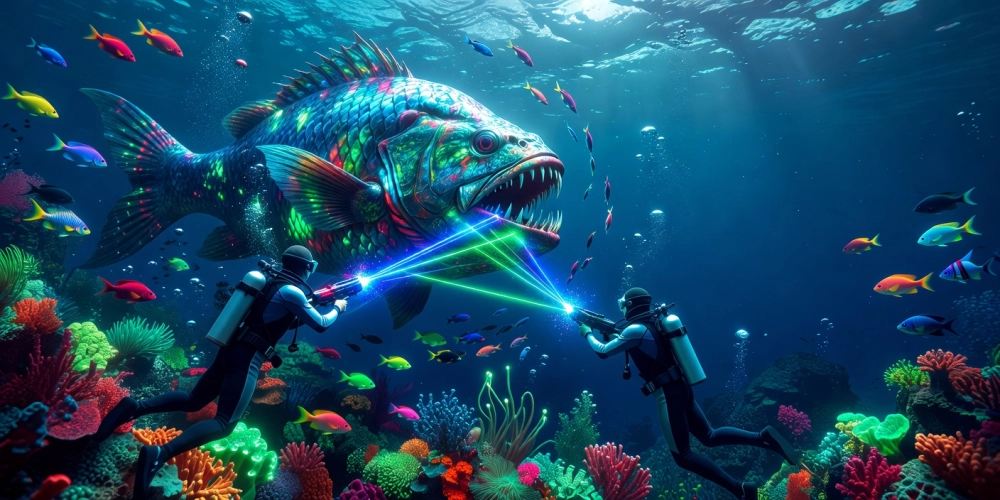 Giao diện đại dương sống động trong game bắn cá nh88 với boss cá khổng lồ