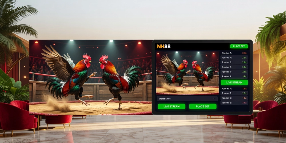 Minh họa khái niệm trực tiếp đá gà casino nh88 với giao diện livestream chuyên nghiệp