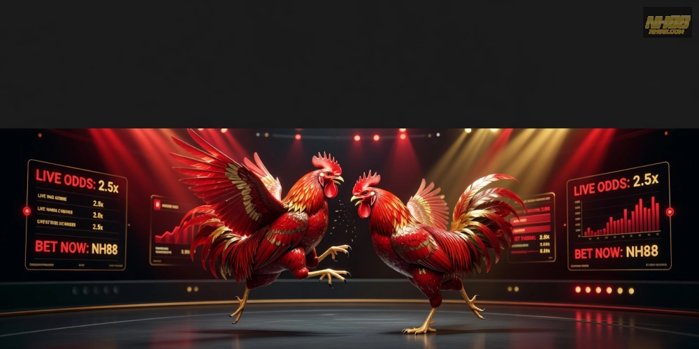 Hình ảnh trường gà SV388 trên NH88 với không khí sôi động và người chơi theo dõi trực tuyến